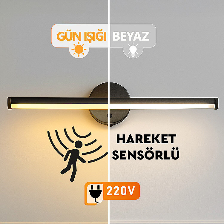 Yapışkanlı Sabit ve Sensörlü Led Işıklı Siyah Aplik - 220V Elektrikli - 9