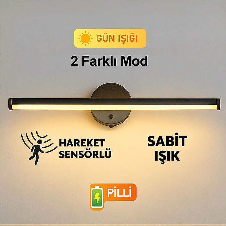 Yapışkanlı Sabit ve Sensörlü Led Işıklı Siyah Aplik - Kablosuz Pilli — görsel 3
