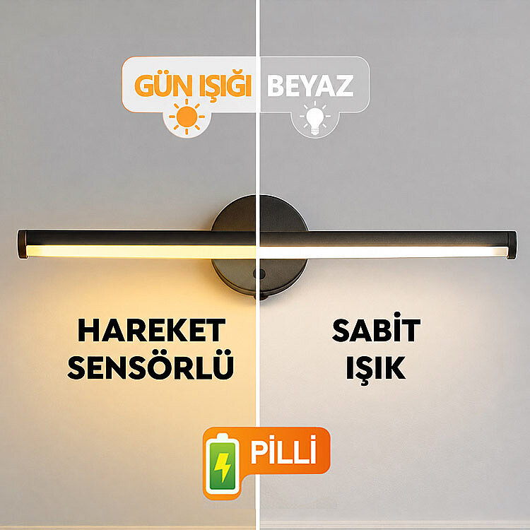 Yapışkanlı Sabit ve Sensörlü Led Işıklı Siyah Aplik - Kablosuz Pilli